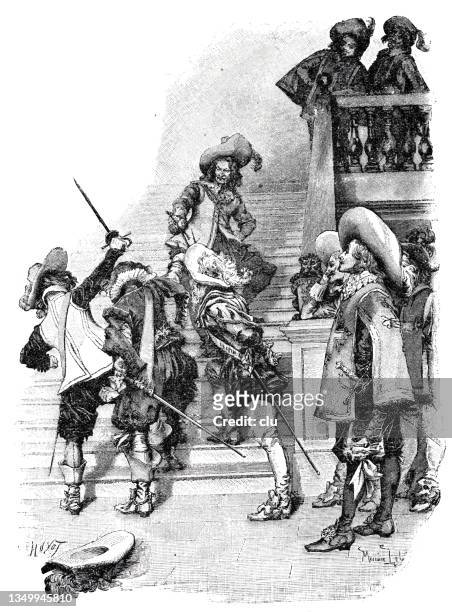 alexandre dumas, die drei musketiere, kämpfen an der treppe - musketiere stock-grafiken, -clipart, -cartoons und -symbole