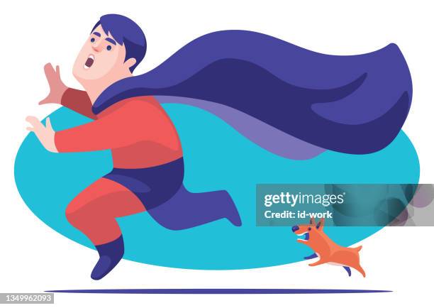 angry dog chasing super hero - dog chasing man stock illustrations