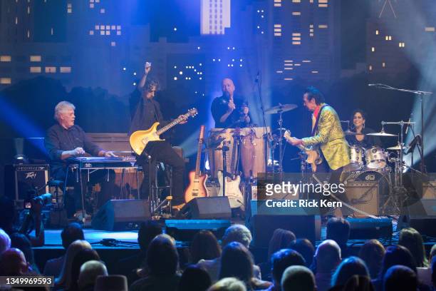 Lloyd Maines, Alejandro Escovedo, and Sheila E. Perform onstage during the Austin City Limits Hall of Fame Induction Ceremony and Celebration at ACL...