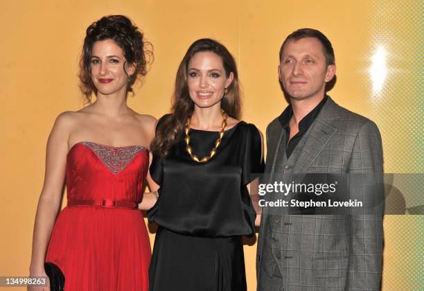 Zana Marjanovic, Angelina Jolie and Goran Kostic attend the premiere of "In the Land of Blood and Honey" at the School of Visual Arts on December 5,...