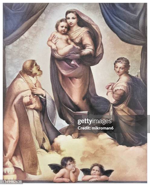 old chromolithograph illustration of the sistine madonna ( madonna di san sisto), oil painting by the italian artist raphael - sistine madonna stock pictures, royalty-free photos & images