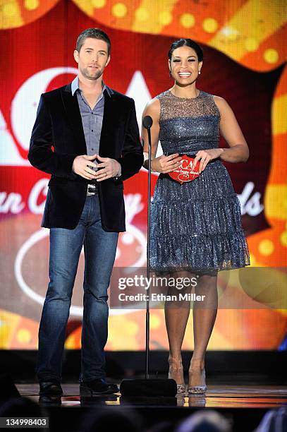 Musician Josh Turner and singer Jordin Sparks speak onstage at the American Country Awards 2011 at the MGM Grand Garden Arena on December 5, 2011 in...