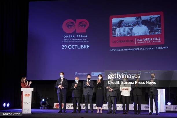 The presenter Elena Rivera, the award winner Jorge Garcia Berlanga, the delegate of the government of Navarra, Jose Luis Aristi, the mayor of Tudela,...