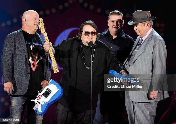 Personalities Rick Harrison, Austin 'Chumlee' Russell, Corey Harrison and Richard Harrison of 'Pawn Stars' speak onstage at the American Country...