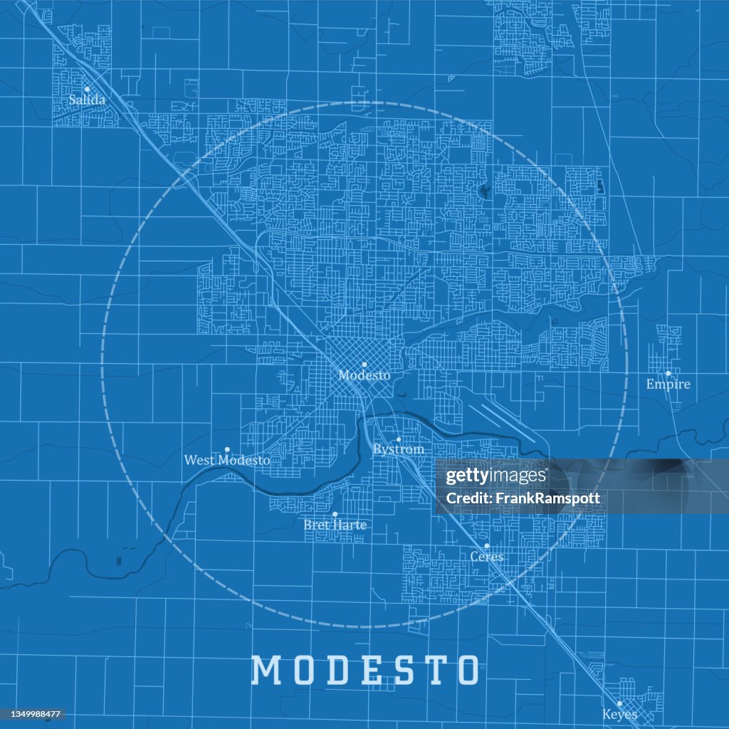 Modesto CA City Vector Road Map Blue Text