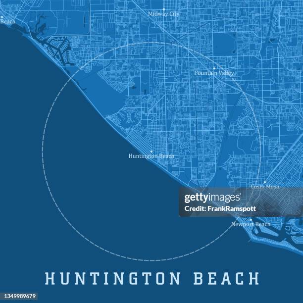 ilustraciones, imágenes clip art, dibujos animados e iconos de stock de huntington beach ca city vector road map texto azul - huntington beach california