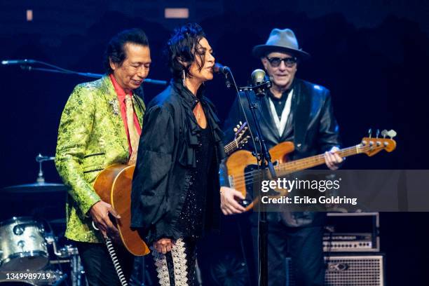 Sheila E speaks on stage next to Alejandro Escovedo during the Austin City Limits Hall of Fame Induction Ceremony and Celebration at ACL Live on...