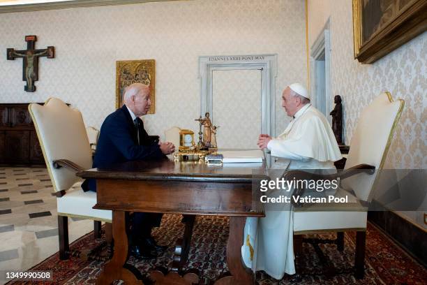 Pope Frasncis meets U.S. President Joe Biden at the Apostolic Palace on October 29, 2021 in Vatican City, Vatican. U.S. President Biden meets with...