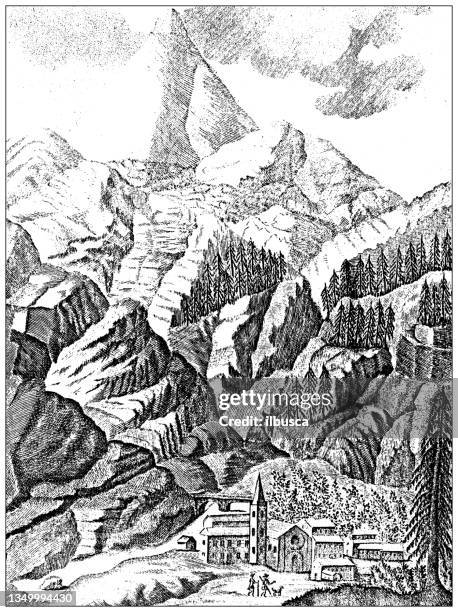 antike (um 1790) gravur der italienischen alpen berge: cogne, aostatal - valle d'aosta stock-grafiken, -clipart, -cartoons und -symbole