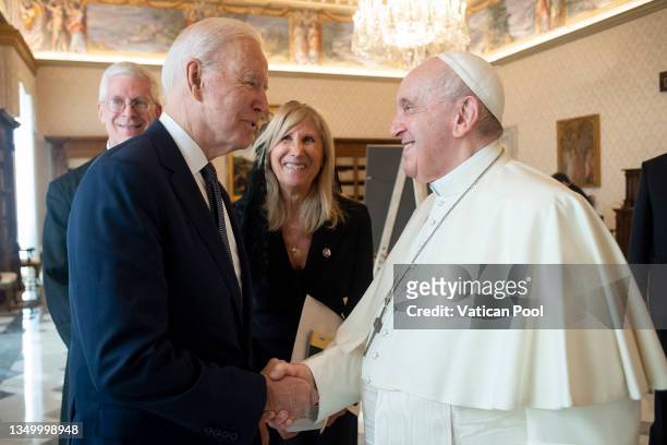 Pope Francis meets with U.S. President Joe Biden during an audience at the Apostolic Palace on October 29, 2021 in Vatican City, Vatican. U.S....