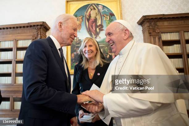 Pope Francis meets with U.S. President Joe Biden during an audience at the Apostolic Palace on October 29, 2021 in Vatican City, Vatican. U.S....