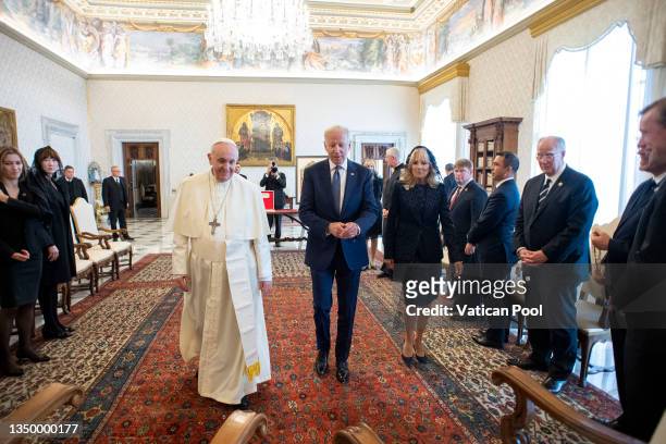 Pope Francis meets U.S. President Joe Biden and First lady Jill Biden during an audience at the Apostolic Palace on October 29, 2021 in Vatican City,...