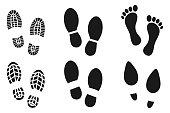 collection of Human walking footprints shoes and shoe sole funny feet footsteps paws people. vector footsteps icon or sign for print,  isolated on white background