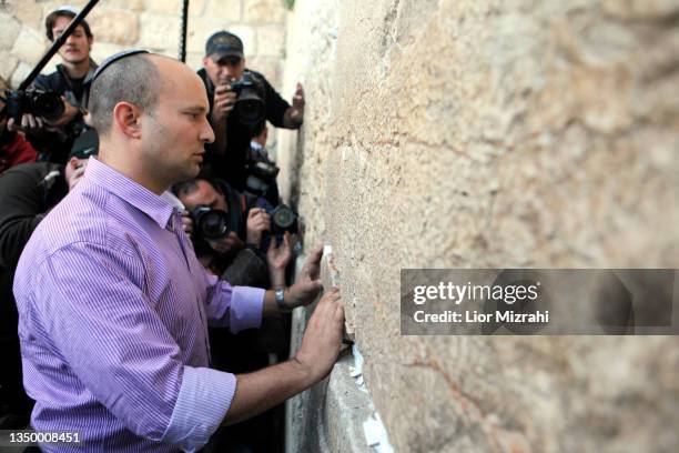 Naftali Bennett , head of the Israeli hardline national religious party, Jewish Home, visits the Western Wall, Judaism holiest site on January 21,...