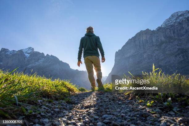 man hikes along grassy mountain ridge at sunrise - bergwandeling stockfoto's en -beelden