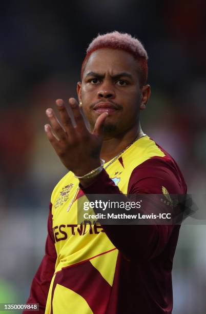 Shimron Hetmyer of West Indies looks on during the ICC Men's T20 World Cup match between West Indies and Bangladesh at Sharjah Cricket Stadium on...