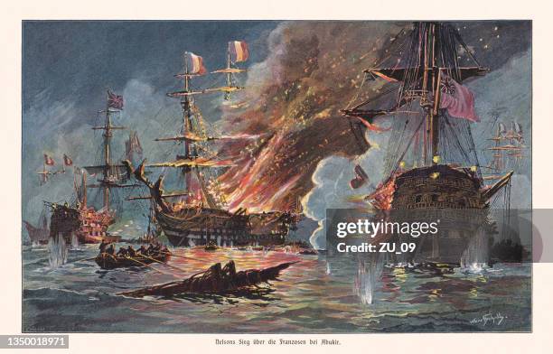 ilustraciones, imágenes clip art, dibujos animados e iconos de stock de la batalla del nilo (1798), xilografía en color, publicada en 1900 - royal navy