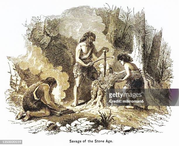 old engraved illustration of prehistoric man (savage) of the stone age - stone age stock-fotos und bilder