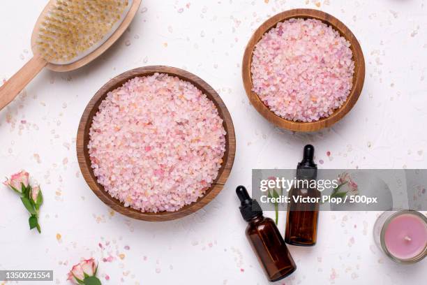 high angle view of food and drink on table - badzout stockfoto's en -beelden