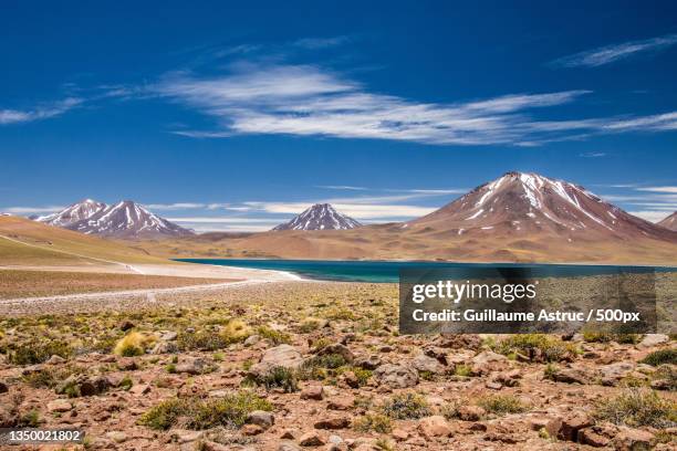 scenic view of snowcapped mountains against blue sky,san pedrode atacama,antofagasta,chile - antofagasta stockfoto's en -beelden