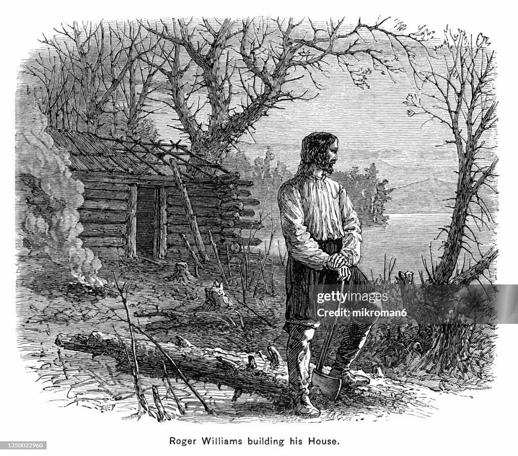 Old engraved illustration of Roger Williams (Puritan minister, theologian, and author who founded Providence Plantations) building his House