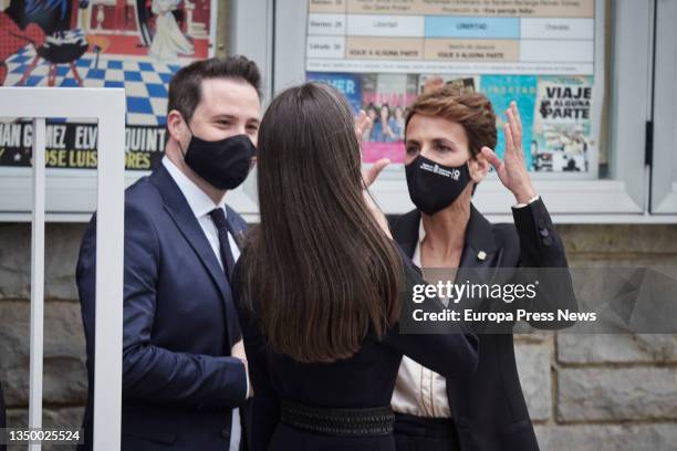 The Mayor of Tudela, Alejandro Toquero; Queen Letizia and the President of Navarre, Maria Chivite, as they leave the Opera Prima Film Festival, at...