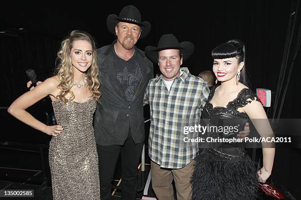 Musicians Danelle Leverett and Susie Brown of the Jane Dear Girls, Musician Rodney Carrington and Co-host Trace Atkins attends the American Country...