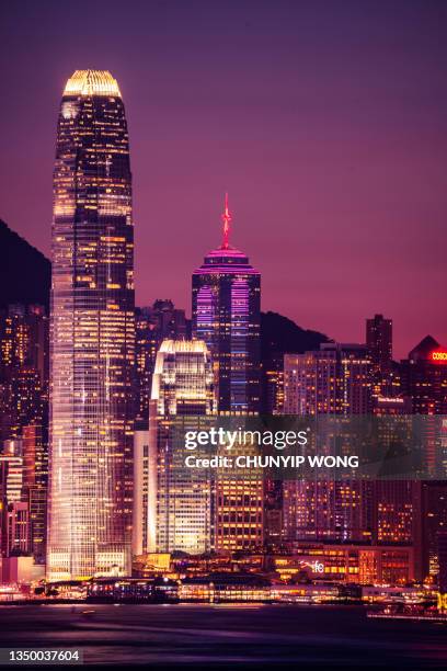 hong kong neon sunset iconic harbour skyscrapers - hong kong convention and exhibition centre stock pictures, royalty-free photos & images