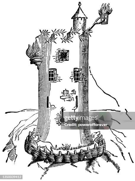 mittelalterlicher wachturm mit signalfeuer - 15. jahrhundert - wachturm stock-grafiken, -clipart, -cartoons und -symbole