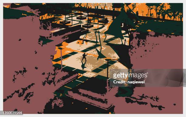 vector woodcut style art playing tai chi in garden illustration background - promenade stock illustrations