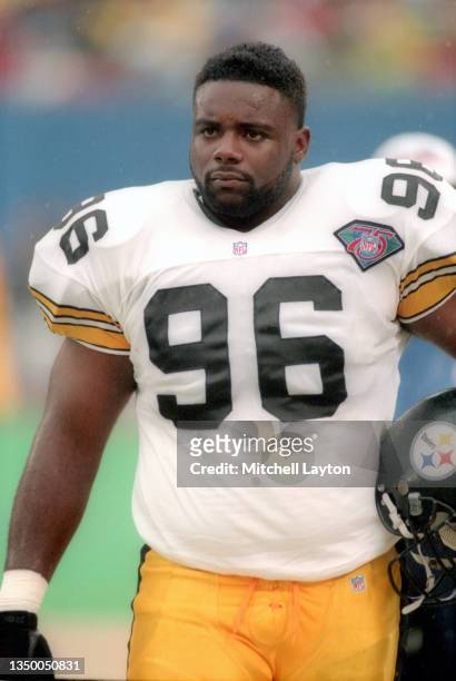 Brentson Buckner of the Pittsburgh Steelers looks on during a NFL football game against the New York Giants on October 23, 1994 at Giants Stadium in...