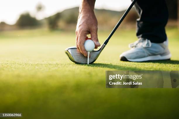 golfer's gloved hand teeing up - ゴルフボール ストックフォトと画像