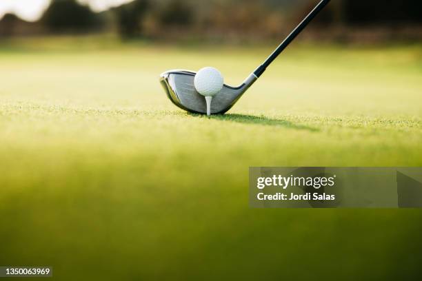 golf ball on tee - club de golf photos et images de collection