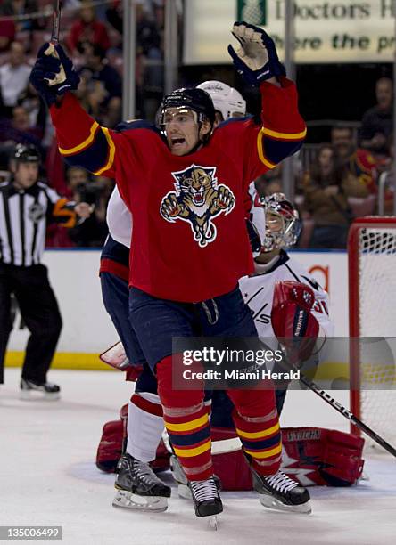 Florida Panthers left wing Tomas Fleischmann celebrates Stephen Weiss' goal in the first period against the Washington Capitals at Bank Atlantic...