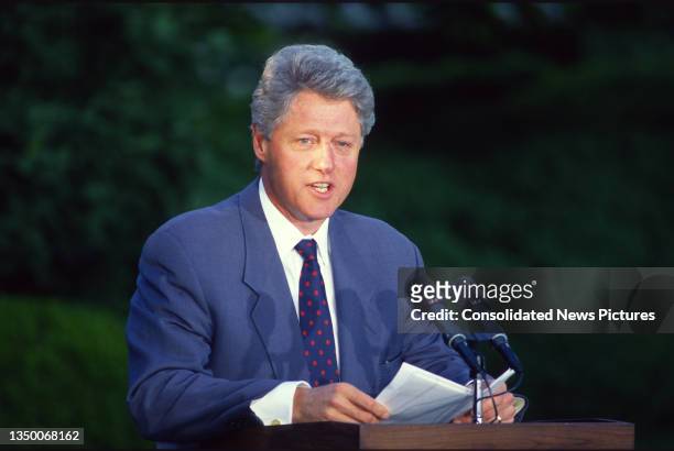 President Bill Clinton Speaks during a press conference in the White House's Rose Garden, Washington DC, May 13, 1994.