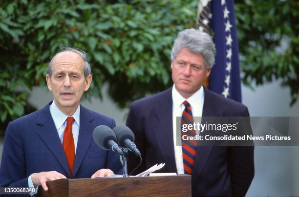 Court of Appeals Chief Judge Stephen Breyer speaks during a press conference, where President Bill Clinton named him as Supreme Court Associate...