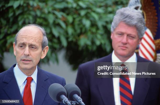 Court of Appeals Chief Judge Stephen Breyer speaks during a press conference, where President Bill Clinton named him as Supreme Court Associate...