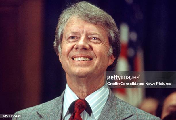 Georgia Governor Jimmy Carter campaigns for the Democratic nomination for President as he speaks at the Rayburn House Office Building, Washington DC,...