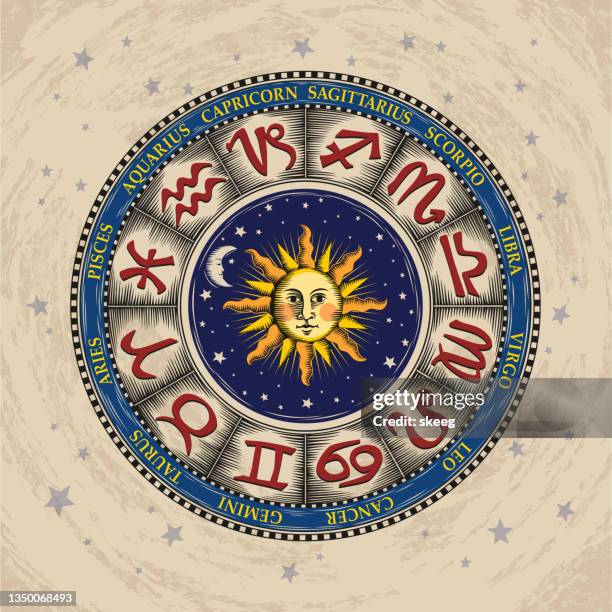 ilustraciones, imágenes clip art, dibujos animados e iconos de stock de color de la rueda de astrología - signo del zodíaco