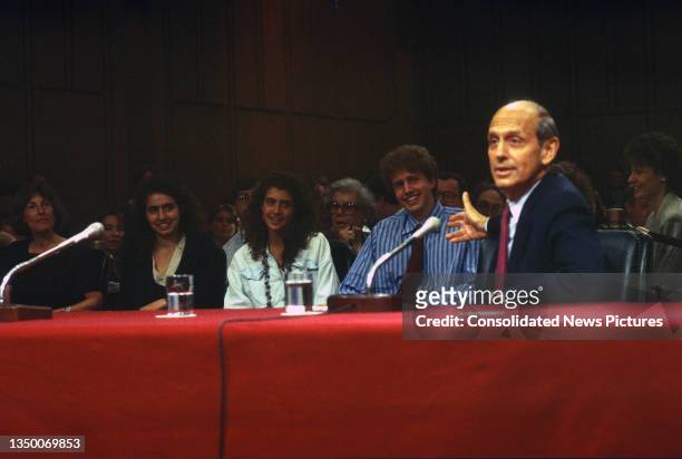 Court of Appeals Chief Judge Stephen Breyer gestures towards his family as he testifies before the Senate Judiciary Committee during his Supreme...