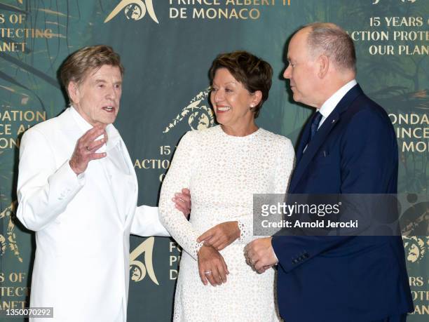 Robert Redford, Sibylle Szaggars and Prince Albert II of Monaco attend ' The Prince Albert II of Monaco Foundation's 2021 award ceremony ' at...