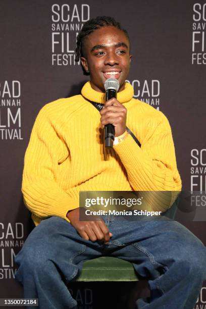 Caleb McLaughlin speaks at the Entertainment Weekly's Breaking Big event during the 24th SCAD Savannah Film Festival on October 29, 2021 in Savannah,...