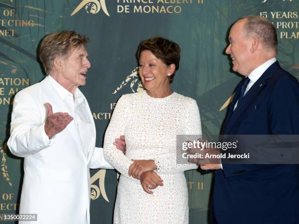 Robert Redford, Sibylle Szaggars and Prince Albert II of Monaco attend ' The Prince Albert II of Monaco Foundation's 2021 award ceremony ' at...