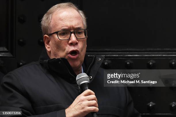 New York City Comptroller Scott M. Stringer speaks as people gather at the Federal Reserve building to call on financial institutions to divest from...