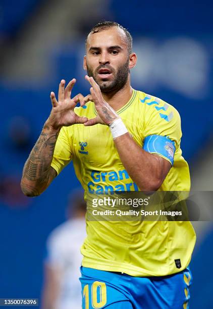 Jese Rodriguez of UD Las Palmas celebrates after scoring his team's first goal during the LaLiga Smartbank match between Real Sociedad B and UD Las...