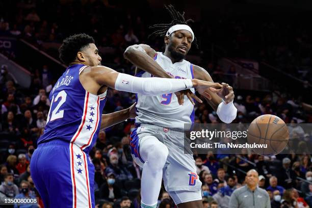 Tobias Harris of the Philadelphia 76ers blocks Jerami Grant of the Detroit Pistons at Wells Fargo Center on October 28, 2021 in Philadelphia,...