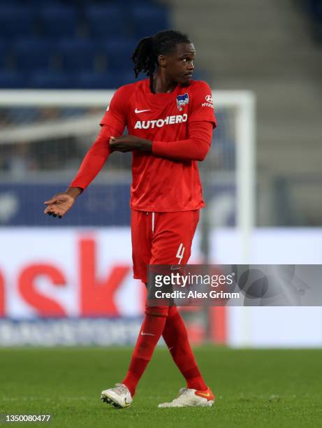 Dedryck Boyata of Hertha BSC walks off after being shown a red card during the Bundesliga match between TSG Hoffenheim and Hertha BSC at...