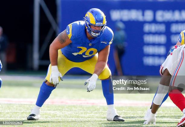 Rob Havenstein of the Los Angeles Rams in action against the New York Giants at MetLife Stadium on October 17, 2021 in East Rutherford, New Jersey....