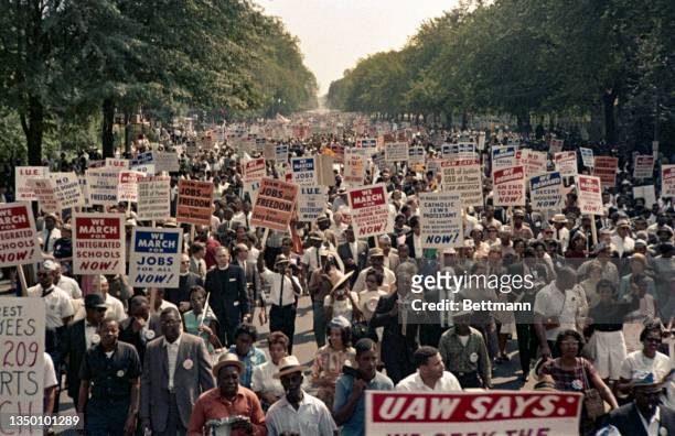 View of a section of the crowd during the March on Washington Civil Rights rally, Washington DC, August 28 More than two-hundred thousand people...