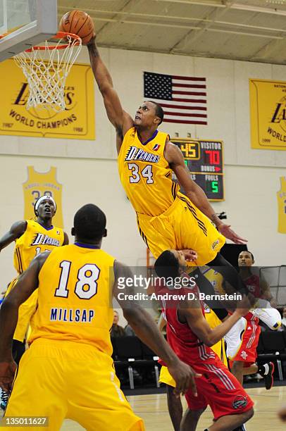 Zach Andrews of the Los Angeles D-Fenders attempts a dunk during a game against the Rio Grande Valley Vipers at Toyota Sports Center on December 5,...